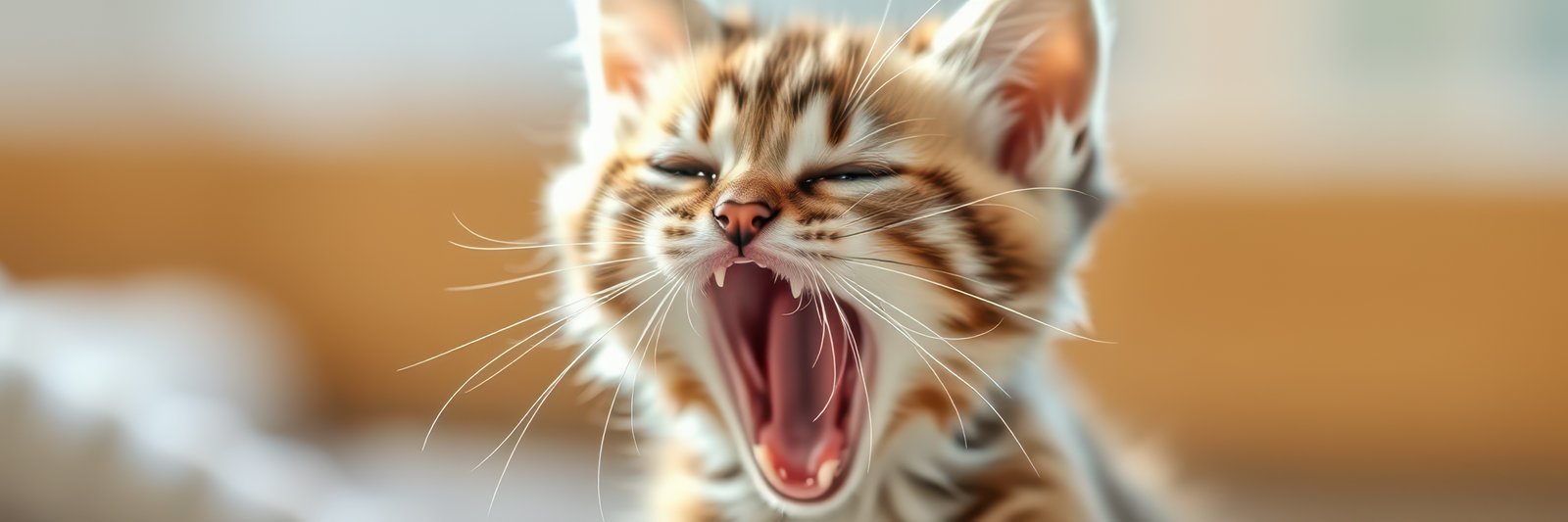 Cute kitten yawns while relaxing in a bright, cozy room during morning light hours